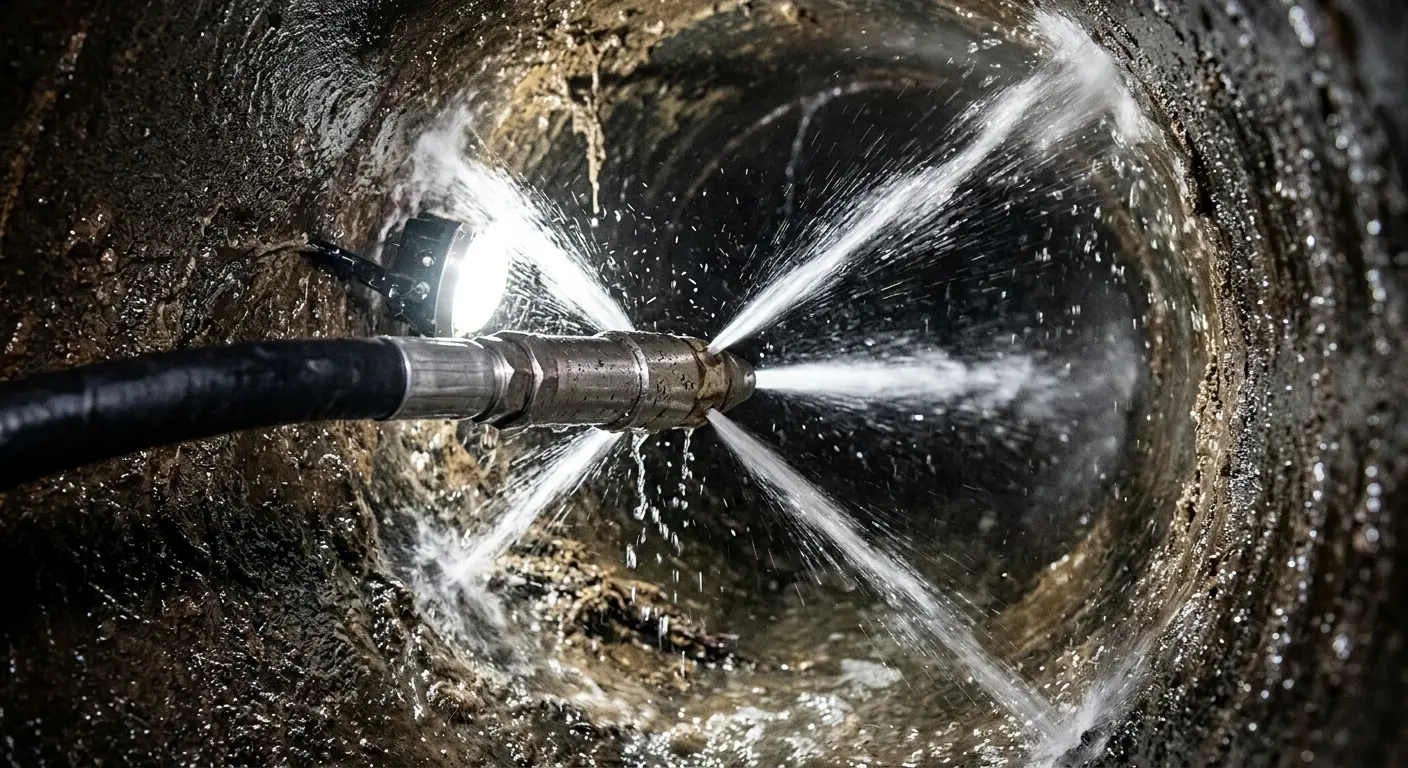 High-pressure hydro jetting nozzle cleaning sewer pipe for Emergency Drain Service in West Memphis