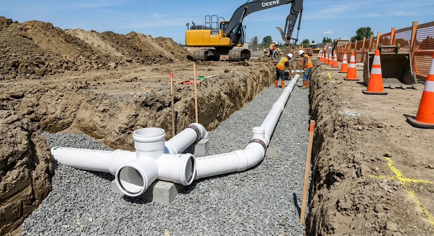 New PVC sewer pipe installation in open trench for Sewer Camera Inspection in West Memphis