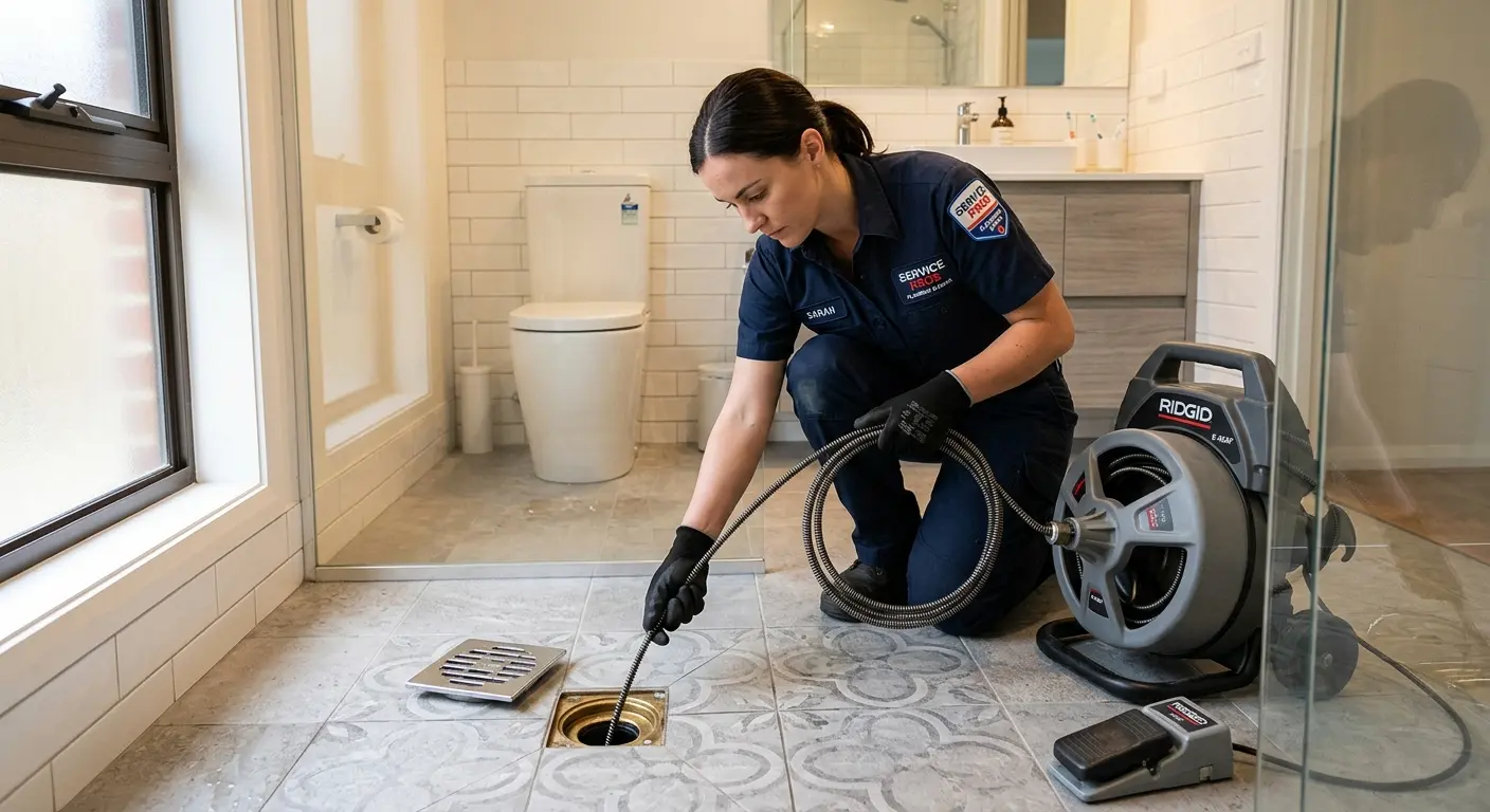 Technician clearing a bathroom floor drain for Drain Cleaning in West Memphis